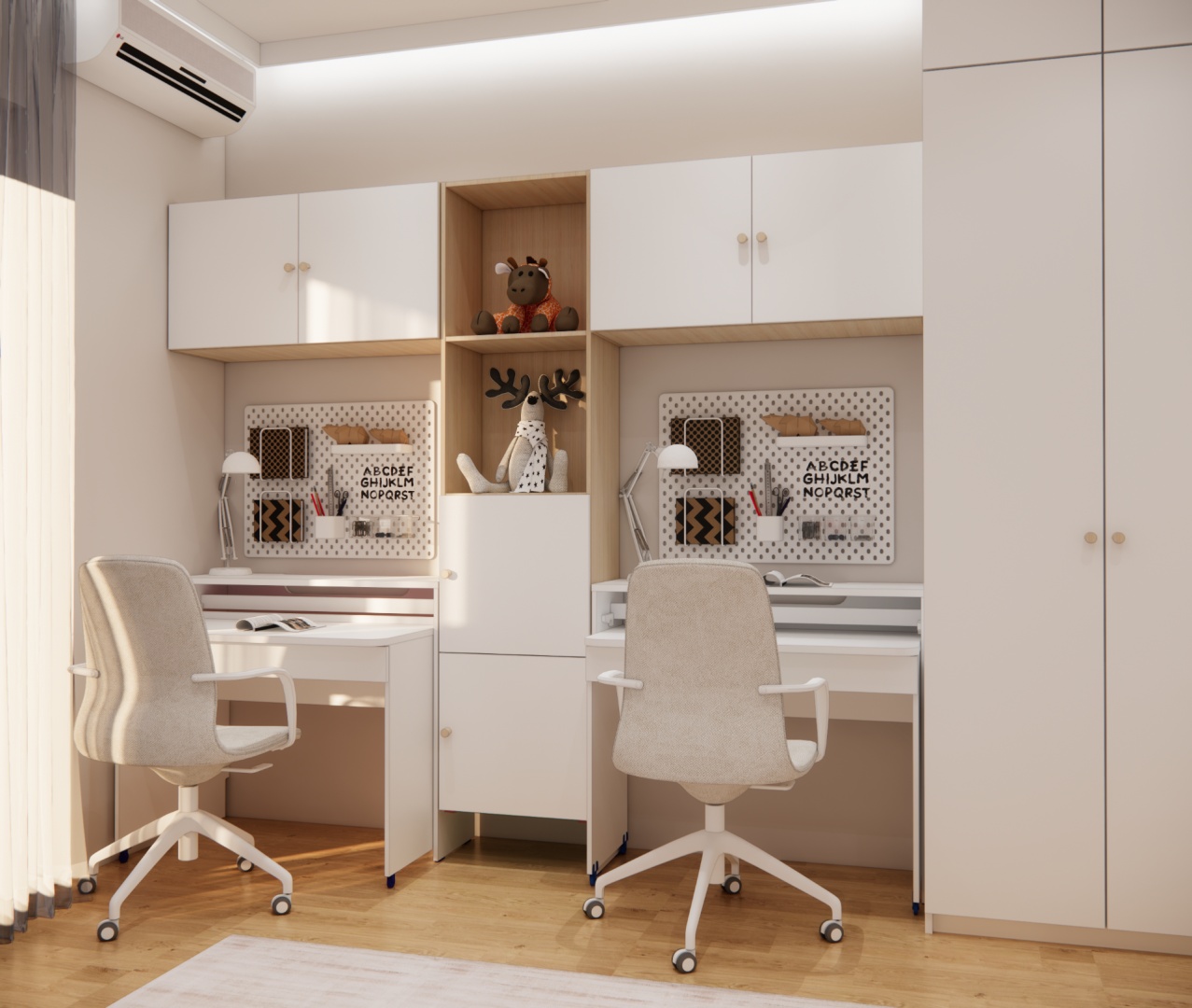 Dwa biurka z tablicami organizacyjnymi, półkami i oświetleniem punktowym w pokoju dziewczynek.